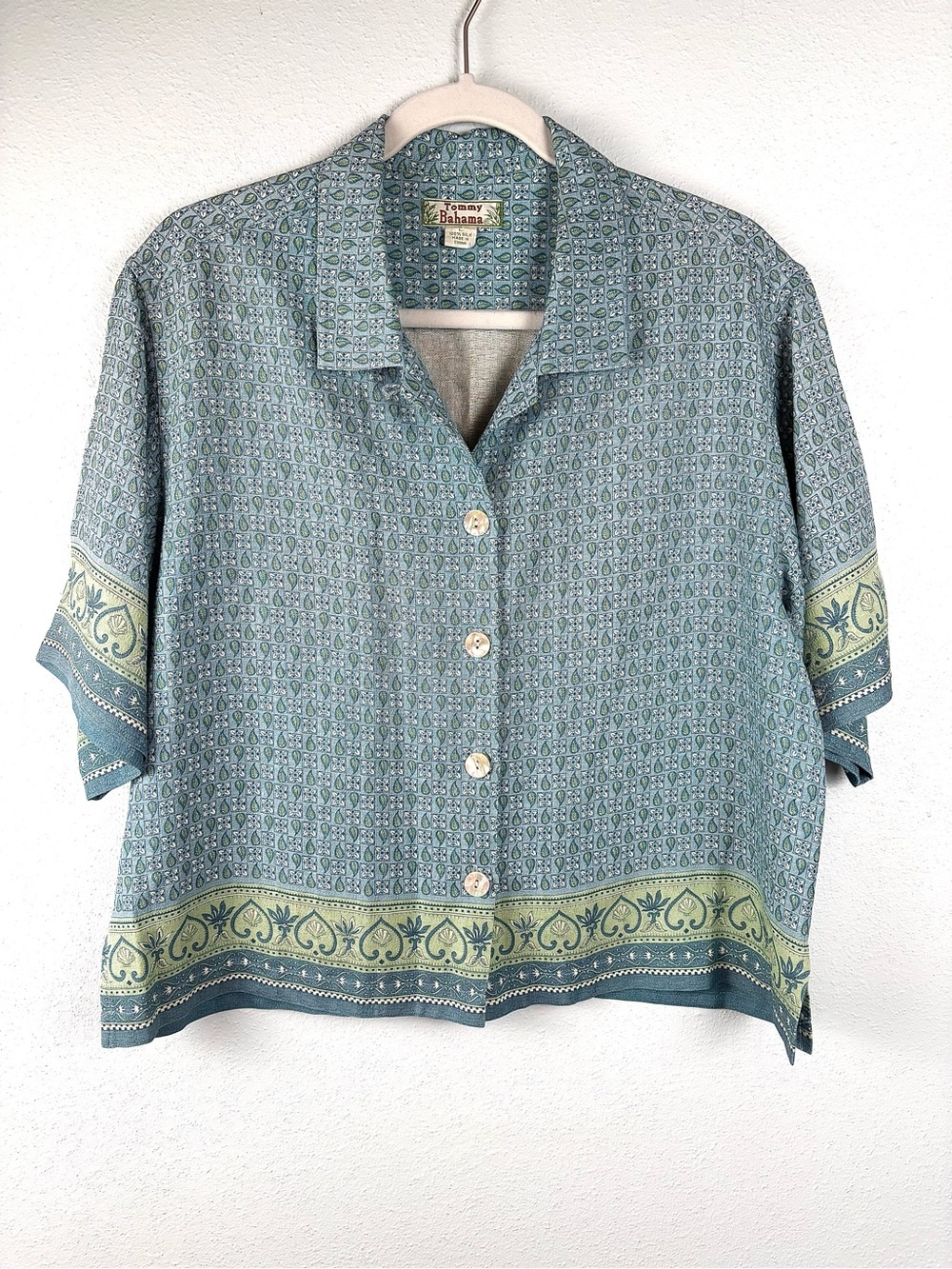 VTG Tommy Bahama 100% Silk Cropped Blue & Green Tropical Hawaiian Shirt, Size L